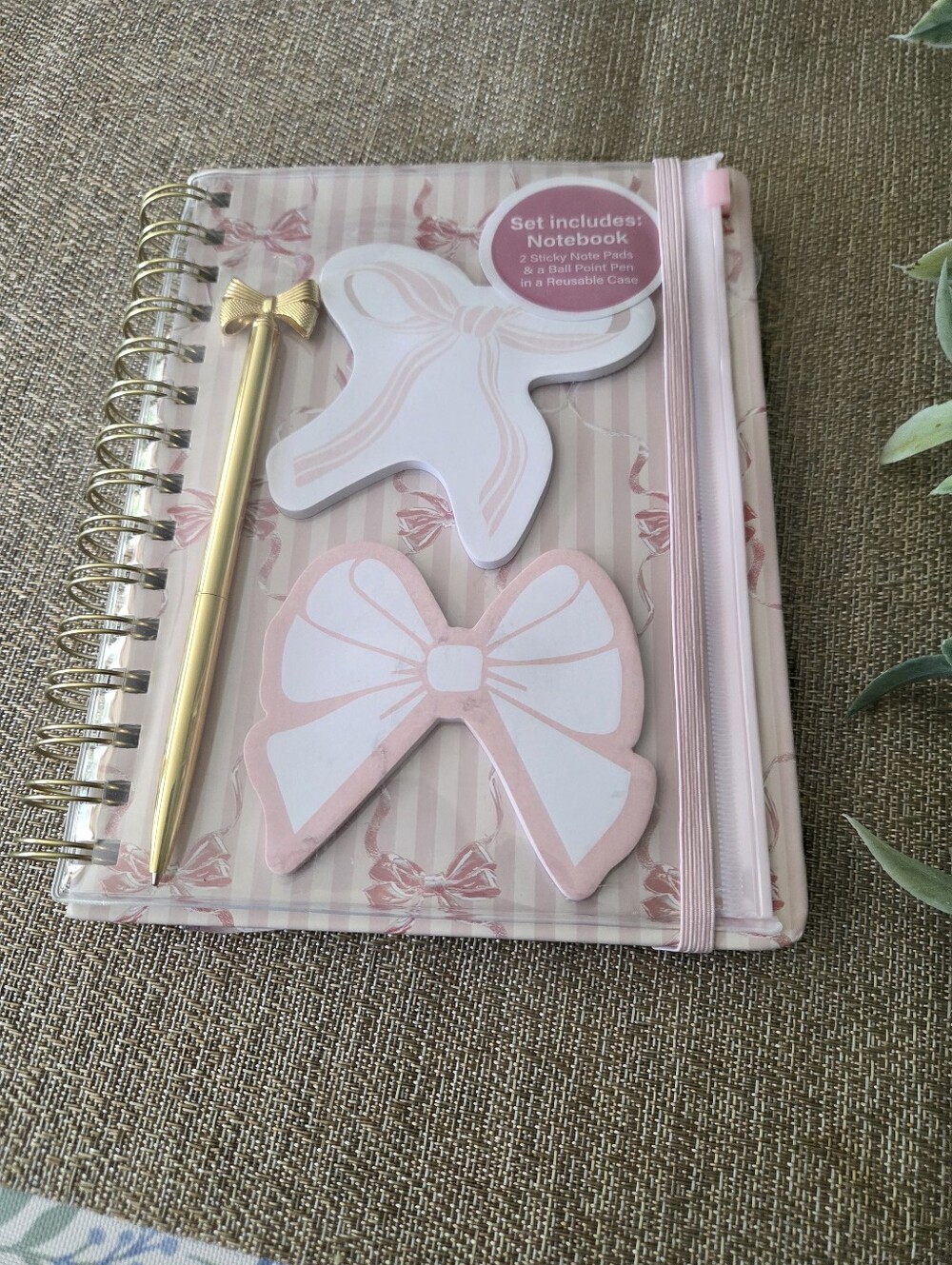 Pink Bow Spiral Notebook Set with Gold Bow Pen